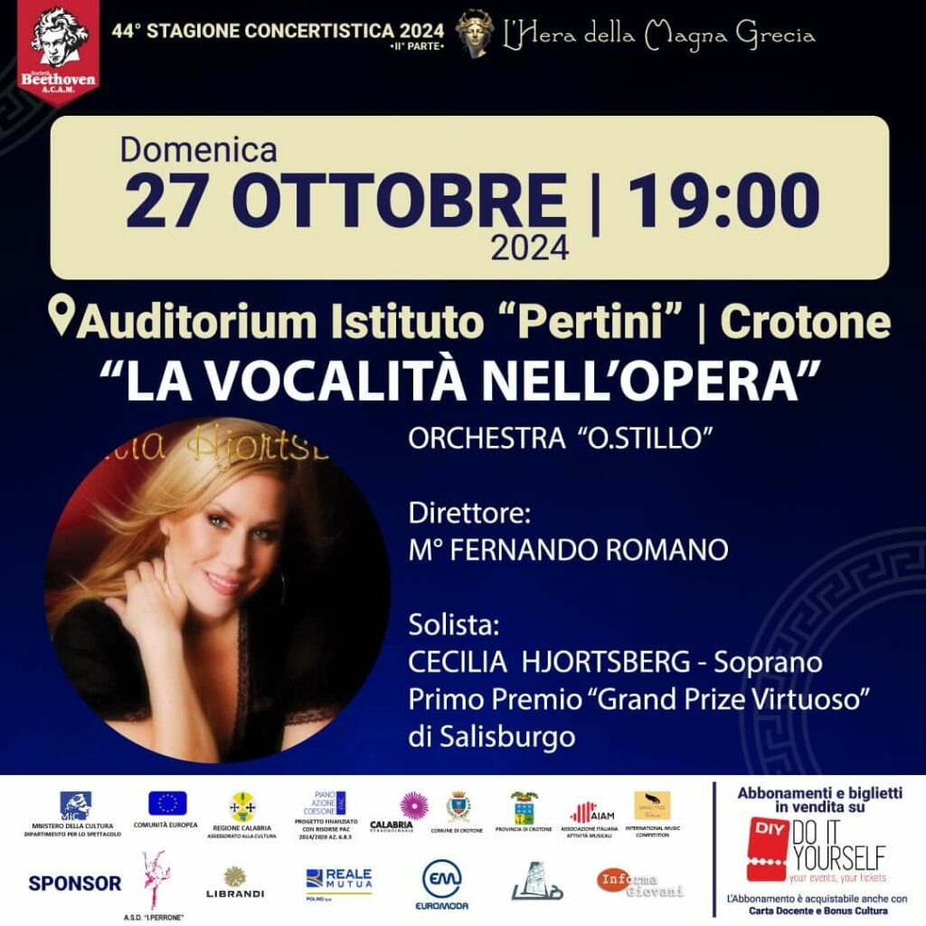 Appuntamento-27-ottobre-1024x1024 Il soprano Cecilia Hjortsberg – Primo Premio al Concorso Internazionale Grand Prize Virtuoso di Salisburgo – si esibirà a Crotone insieme all’orchestra “O. Stillo”